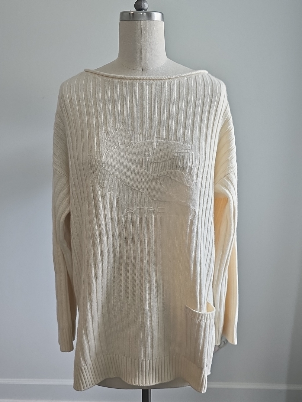 Etro Cream Ribbed Scoop-Neck Sweater with Pocket